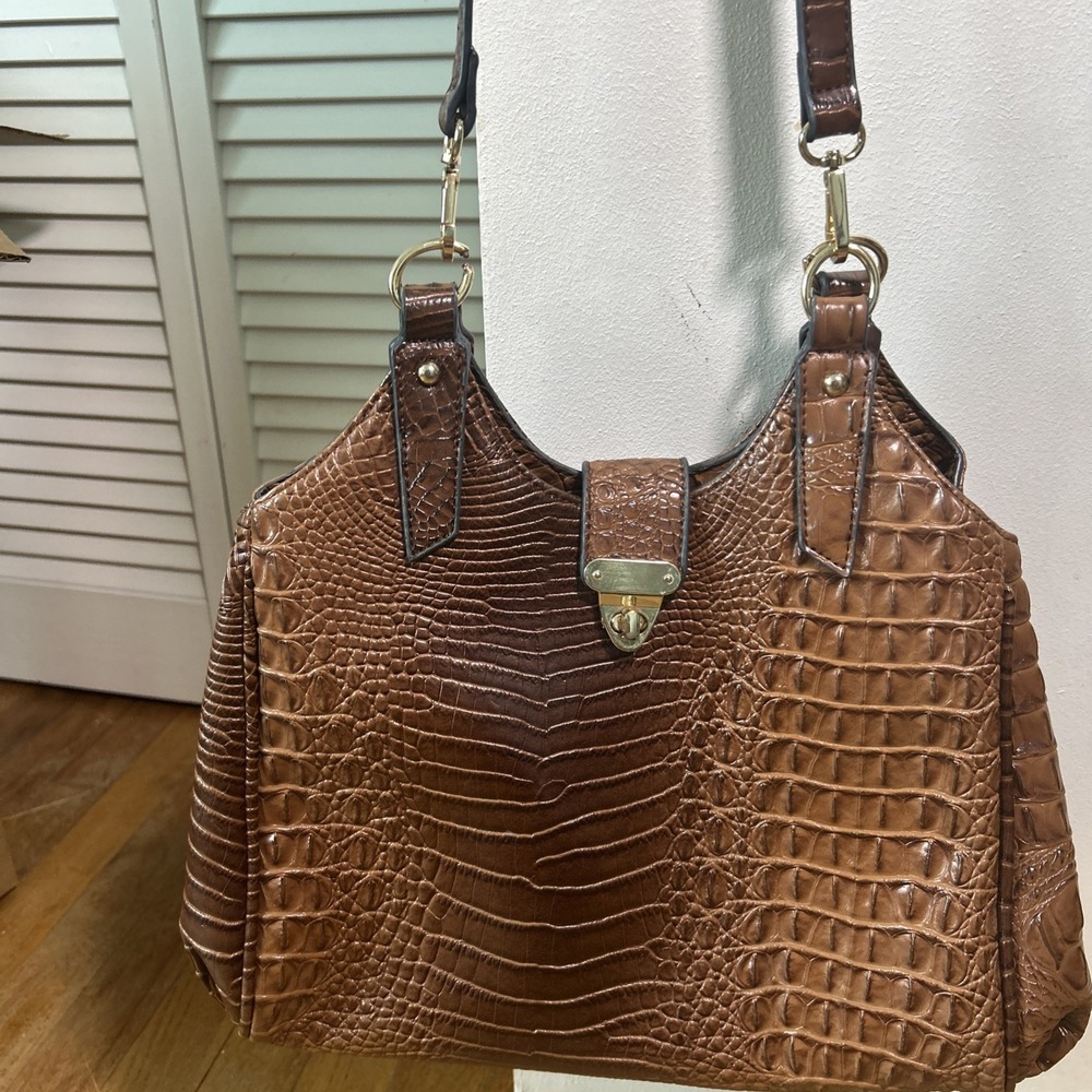 Kate & Alex Cuffaro Brown Crocodile Embossed Shoulder Bag Gold Hardware Satchel
